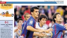 Primera página de la sección de Deportes de Heraldo de Aragón con el arranque de la crónica del partido jugado en mayo de 2009.
