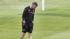 Lluís Carreras observa en solitario el estado del césped de La Romareda en el último entrenamiento del equipo antes de recibir al Oviedo.
