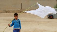 Un niño iraquí porta una bandera blanca en Mosul