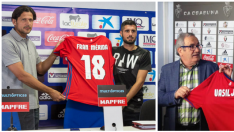 A la izda., Petar Vasiljevic el pasado verano, en su papel de director deportivo, presentando a Fran Mérida como jugador del Osasuna. A la dcha., el mismo Vasiljevic, en la tarde de este jueves 5 de enero, transformado en entrenador por el presidente navarro, Javier Sabalza.