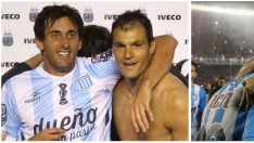 Dos imágenes entrañables de Diego Milito y Saja en su reciente paso conjunto por el Racing de Avellaneda argentino. A la izquierda, celebrando un triunfo grande. A la derecha, el nuevo portero zaragocista consuela a Diego el día de su despedida como futbo