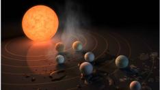 Representación artística del sistema planetario de Trappist-1 recientemente descubierto por un equipo liderado por astrónomos de la Universidad de Lieja, con la colaboración de telescopios de ESO y NASA