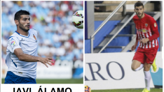 Javi Álamo, en una imagen con el Real Zaragoza en la liga 2014-15, y en otra más reciente con el Almería (en Cádiz).