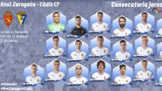 Lista oficial de convocados del Real Zaragoza para el partido de este viernes ante el Cádiz en La Romareda.