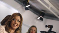 Susana Díaz durante su comparecencia en Ferraz tras la victoria de Pedro Sánchez en las primarias.