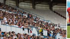 Imagen de una parte de la tribuna principal de La Romareda, casi llena, en el partido del RZD Aragón ante el Calahorra hace un mes, en el que ganó 4-1 y encarriló el ascenso a Segunda B. A la dcha., Raí Nascimento (el año que viene en el primer equipo) se va de un defensor riojano.