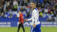 Jorge Pombo grita con sentimiento al final del partido del sábado ante el Rayo Vallecano, nada más consumarse el importante triunfo por 3-2 gracias a su gol ganador.
