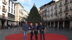 El concejal Javier Domingo, a la izquierda, posa junto al árbol de Navidad de la plaza del Torico.