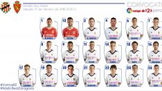 Lista de 19 convocados del Real Zaragoza para el partido ante el Nástic en Tarragona este sábado.