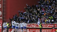 Los jugadores del Real Zaragoza celebran el 1-2 ganador marcado por Pombo en Los Pajaritos el pasado sábado ante el Numancia.