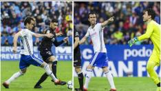 Dos momentos de Mikel González ante el Huesca. Al corte ante Vadillo y ordenando la defensa tras una parada de Cristian Álvarez.