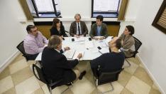 Los responsables de los grupos de PP, PSOE, C's y CHA se reunieron el 13 de febrero para analizar la respuesta de la oposición ante el golpe de ZEC en las sociedades municipales.
