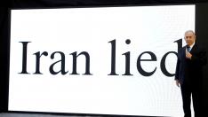 Netanyahu, este lunes, ante una pantalla que dice "Irán miente".