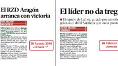 Fichas de las crónicas de los partidos del RZD Aragón el año pasado en Tercera División ante el Belchite y el Sariñena.
