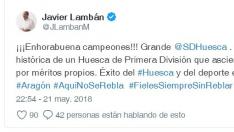 El mensaje de felicitación de Lambán al SD Huesca por su ascenso.