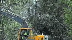 La excavadora retira los depósitos para abrir paso al río.
