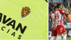 Detalle de la nueva camiseta especial del Real Zaragoza, amarilla, para jugar en Almería; al lado, el uniforme del rival almeriense que, según la LFP, impide jugar a los aragoneses con cualquiera de sus dos equipajes oficiales.