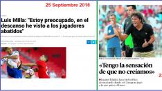 Reseñas de Heraldo de Aragón de las ruedas de prensa de Milla, hace dos años en Soria, y la de Idiakez, este sábado en La Romareda.
