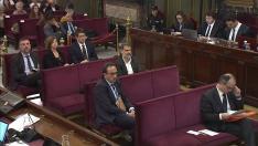 Santi Vila, Meritxel Borrás, Carles Mundo, Jordi Cuixart, Josep Rull y Jordi Turull, acusados en el juicio del Procés