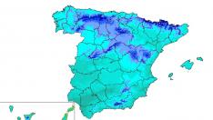 Mapa de España con la temperatura media del 14 al 22 de abril (período 1981-2018)