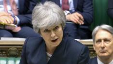 La primera ministra británica, Theresa May, este jueves en la Cámara de los Comunes.