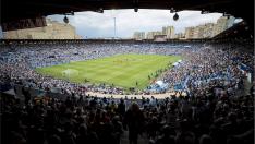 La Romareda, prácticamente abarrotada de público, en el último partido del año pasado, el Real Zaragoza-Numancia de la Promoción de ascenso a Primera, el 9 de junio de 2018.
