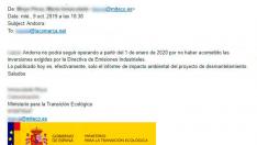 Email enviado al diario La Comarca desde el Ministerio para la Transición Ecológica