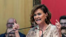 La vicepresidenta del Gobierno en funciones, Carmen Calvo, en un mitin de precampaña en Calviá.