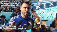 Pichu Atienza, jugador del Real Zaragoza, habla sobre la suspensión del partido frente al Sporting de Gijón y el objetivo del equipo tras la jornada de entrenamiento a puertas abiertas que ha ofrecido el club zaragocista en La Romareda.