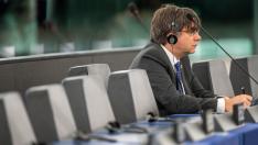 Puigdemont durante su primera intervención en el Parlamento Europeo