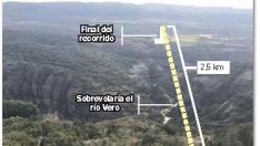 Recorrido de la tirolina proyectada en Alquézar.