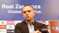 Christian Lapetra, con gesto serio, en la rueda de prensa de esta tarde de martes a consecuencia del caso coronavirus en el fútbol español.