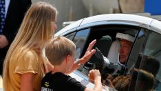 NASA astronaut Douglas Hurley's wife Karen Nyberg and their son say goodbye before the launch of a SpaceX Falcon 9 rocket and Crew Dragon spacecraft at the Kennedy Space Center, in Cape Canaveral