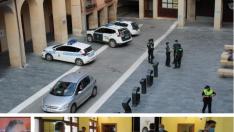 Arriba, efectivos de la Policía Local y la Guardia Civil, este jueves, a las puertas del Ayuntamiento de Tarazona. Abajo, el consejero comarcal Eloy Valero y el momento en el que se suspende la sesión del consejo comarcal.