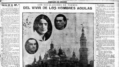 José Puertollano con sus hijos, Gloria y Miguel, los tres "escalatorres", famosos por sus ascensiones emocionantes. La Torre alta del Pilar, en cuya veleta realizaron padre e hijo arriesgados ejercicios.