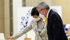 Thomas Bach, President of the International Olympic Committee (IOC), is accompanied by Tokyo Governor Yuriko Koike at the start of their talks at Tokyo Metropolitan Government Office Building in Tokyo