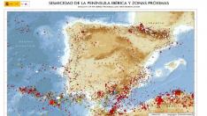 Mapa general de la sismicidad de la Península Ibérica.