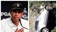Combo de imágenes de Tiger Woods y del estado en el que quedó su coche