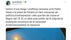 Tuit publicado por la candidata catalana de JxCat Laura Borràs.