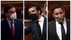 Pedro Sánchez, Pablo Casado y Santiago Abascal, este miércoles en el Congreso.