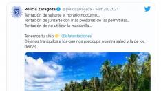 El tuit de la Policía de Zaragoza que mencionaba a 'La isla de la tentaciones'.