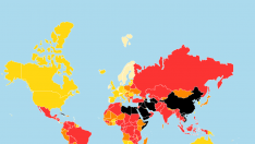 Mapa de RSF que muestra la diferencia por países en cuanto a libertad de prensa diferenciada por colores. Cuanto más oscuro, menos libertad.