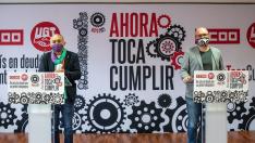 Los líderes de UGT y CC. OO. a nivel nacional, Pepe Álvarez y Unai Sordo presentando los actos del Primero de Mayo