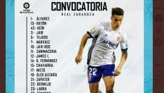 Lista de 21 convocados del Real Zaragoza para el partido final de liga ante el Leganés.