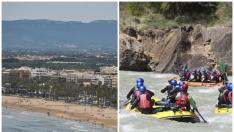 Estampa de Salou esta primavera y un grupo de jóvenes practicando 'rafting' en la provincia de Huesca.