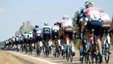 El pelotón de la Vuelta Ciclista a España, entre las localidades de Belmez (Córdoba) y Villanueva de la Serena (Badajoz)