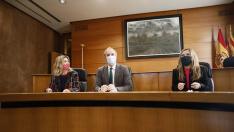 Jorge Azcón, Mar Vaquero y Ana Alós, en la reunión del grupo parlamentario del PP de las Cortes de Aragón que ha oficializado los cambios en la dirección.