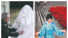 Manuel Pertegaz, a la izquierda, dando los últimos toques a un diseño de vestido de novia. Arriba, el vestido con el que Salomé ganó Eurovisión en 1969, una de las creaciones más emblemáticas del modisto turolense.