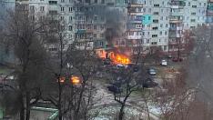 FILE PHOTO: Fire is seen in Mariupol at residential area after shelling