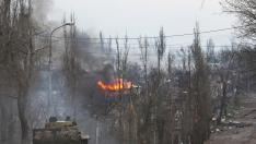 An armoured vehicle of pro-Russian troops is seen in the street in Mariupol